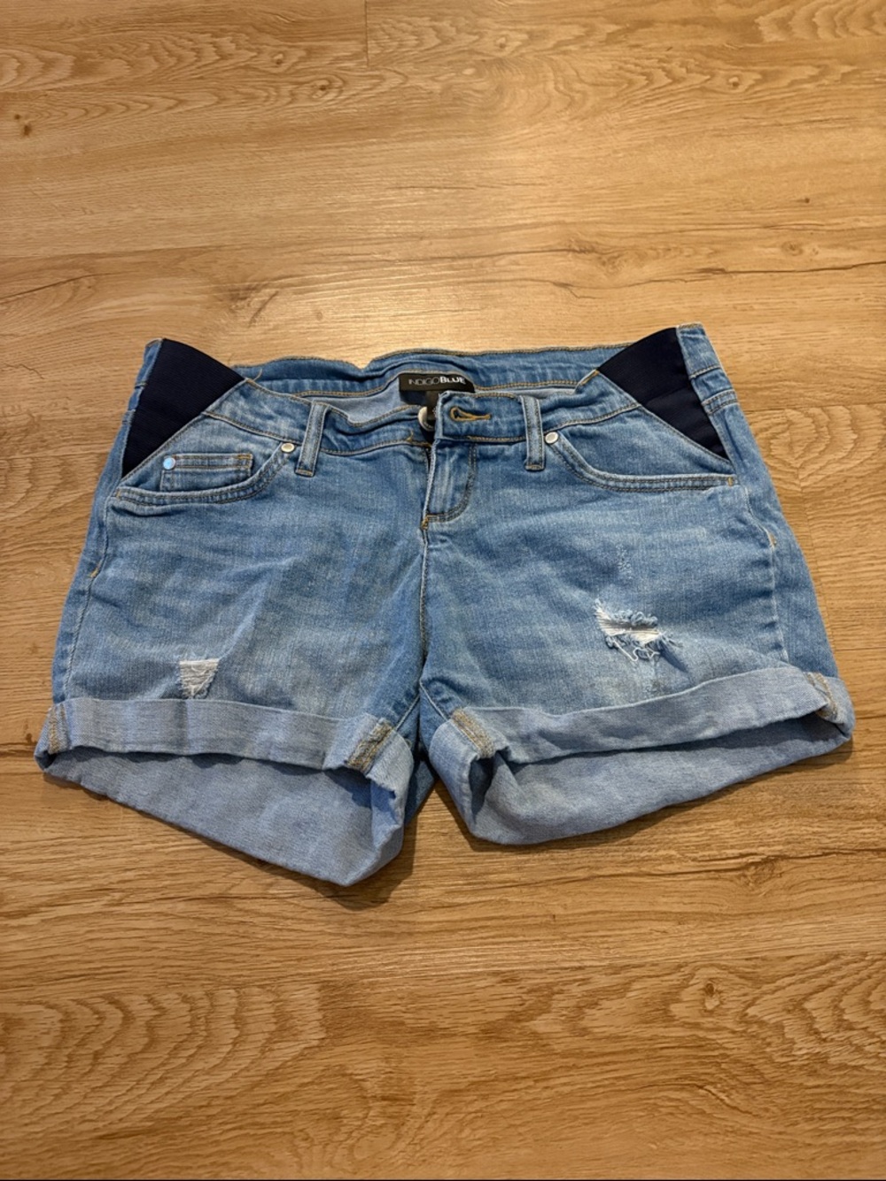 Indigo Blue Light Blue Maternity Denim Shorts with Navy Stretch Panels